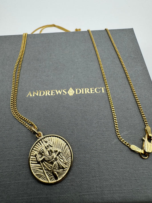 9ct Yellow Gold 17mm Solid St Christopher Round Pendant 20 Inch Chain (GCHR3)