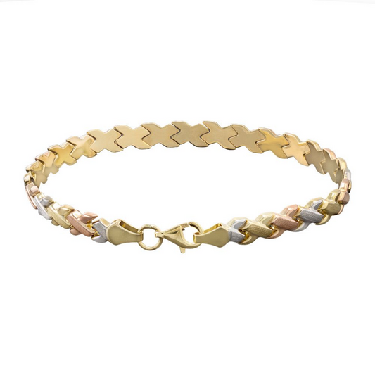 9ct Yellow, White and Rose Gold Kisses 7.5 Inch / 19cm Bracelet (0644)