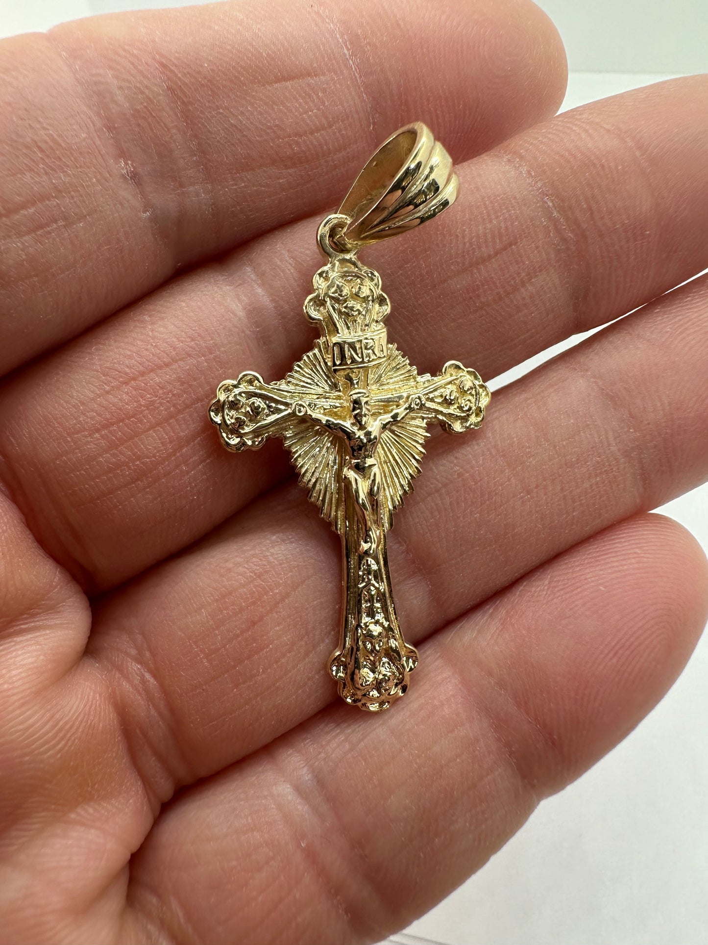 9ct Yellow Gold 49x25mm Solid Crucifix Sunburst Pendant (0053)