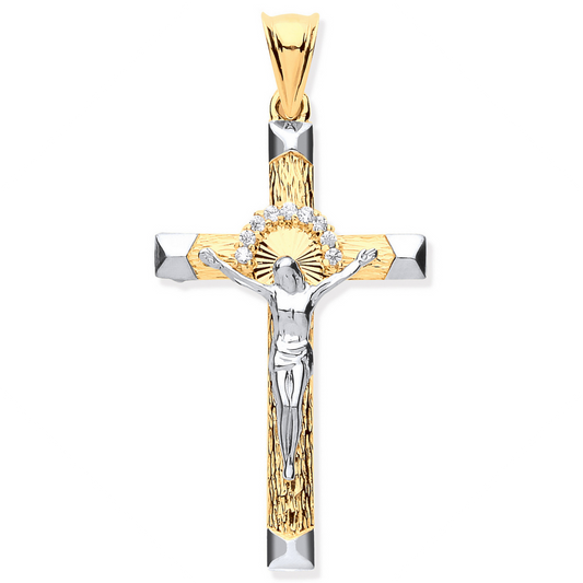 9ct Yellow and White Gold 50x24mm Crucifix Pendant with Zirconias (0223)