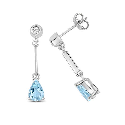 9ct White Gold Aquamarine and Diamond Moveable Drop Style Earrings (246)