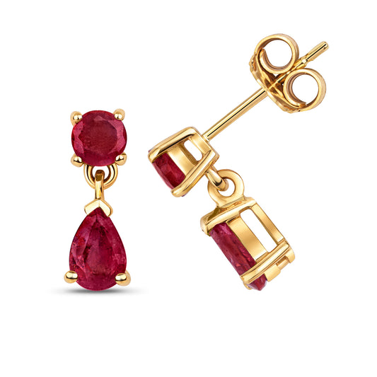 9ct Yellow Gold Natural Ruby Gemstone Dropper Earrings (279)