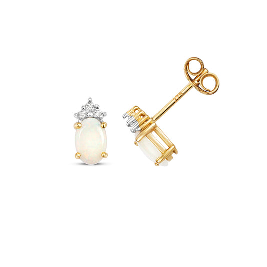 9ct Yellow Gold Natural Opal and Diamond Stud Earrings (292O)