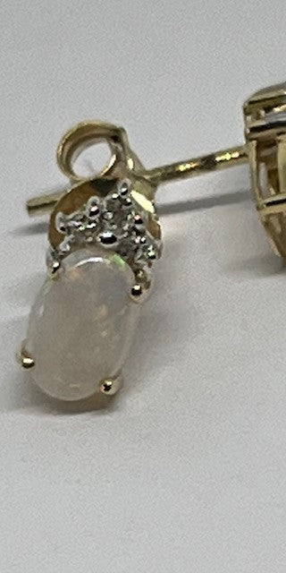 9ct Yellow Gold Natural Opal and Diamond Stud Earrings (292O)