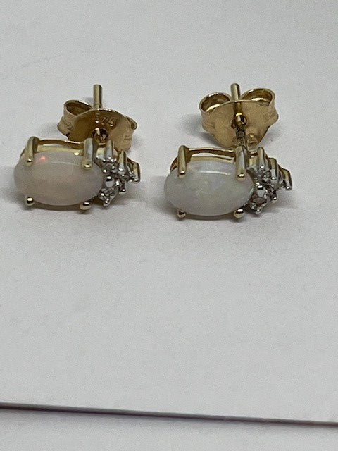 9ct Yellow Gold Natural Opal and Diamond Stud Earrings (292O)