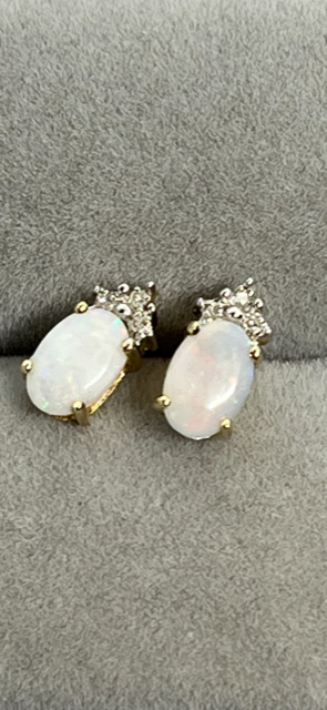 9ct Yellow Gold Natural Opal and Diamond Stud Earrings (292O)
