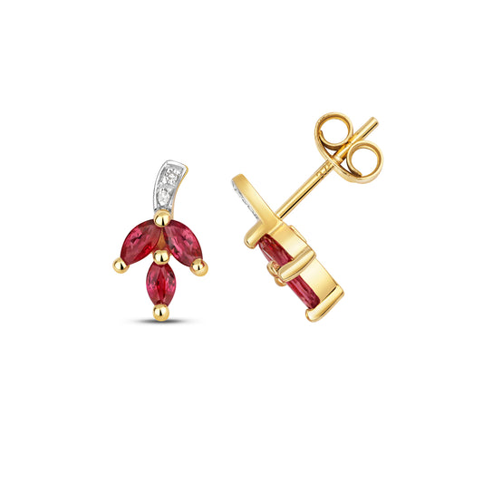 9ct Yellow Gold Ruby Diamond Leaf Design Earrings (297)