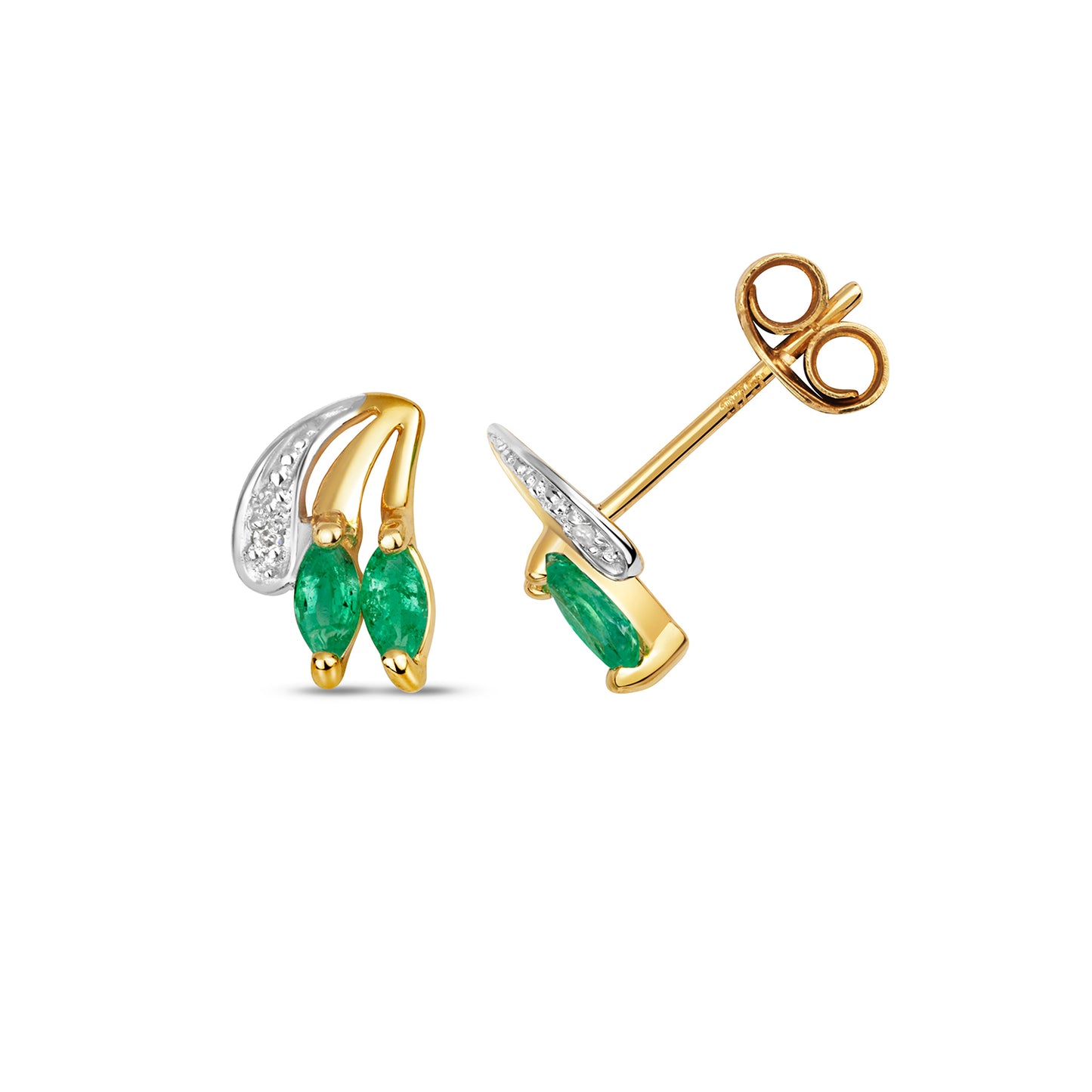 9ct Yellow Gold Emerald Diamond Leaf Design Earrings (298)