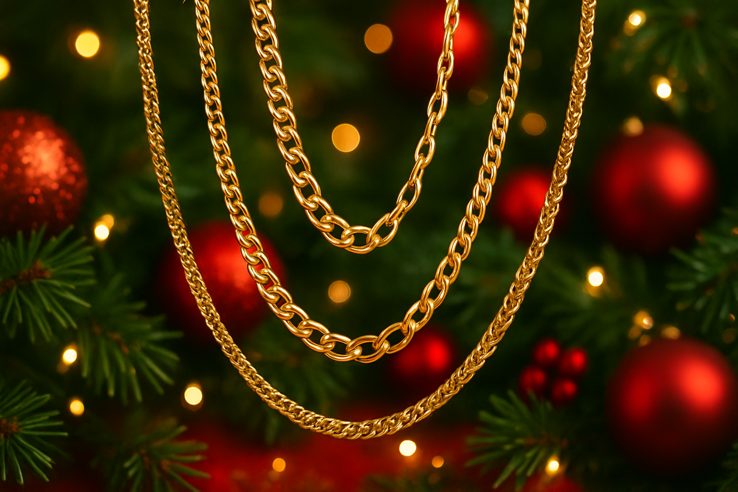 gold chains over a christmas background