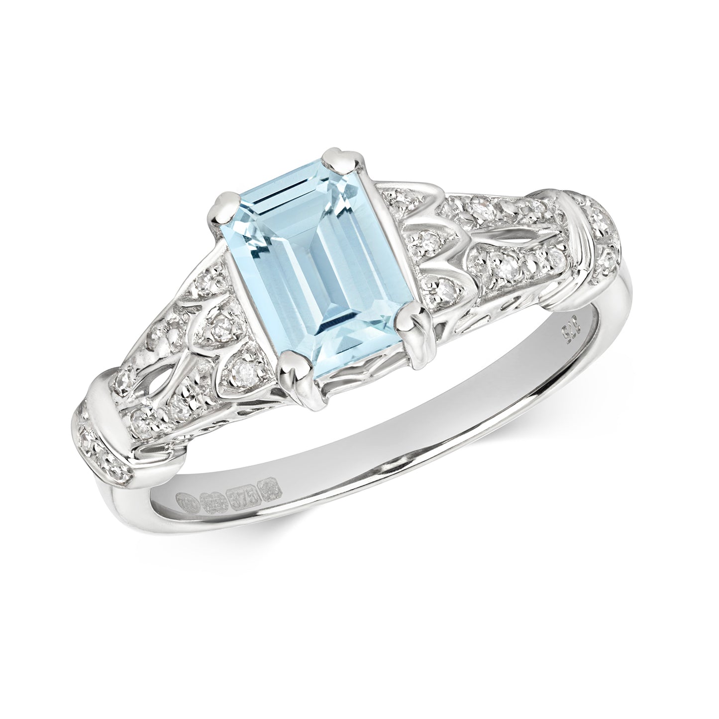 9ct White Gold Aquamarine and Diamond Cluster Ring, Ring Sizes J to Q (207)
