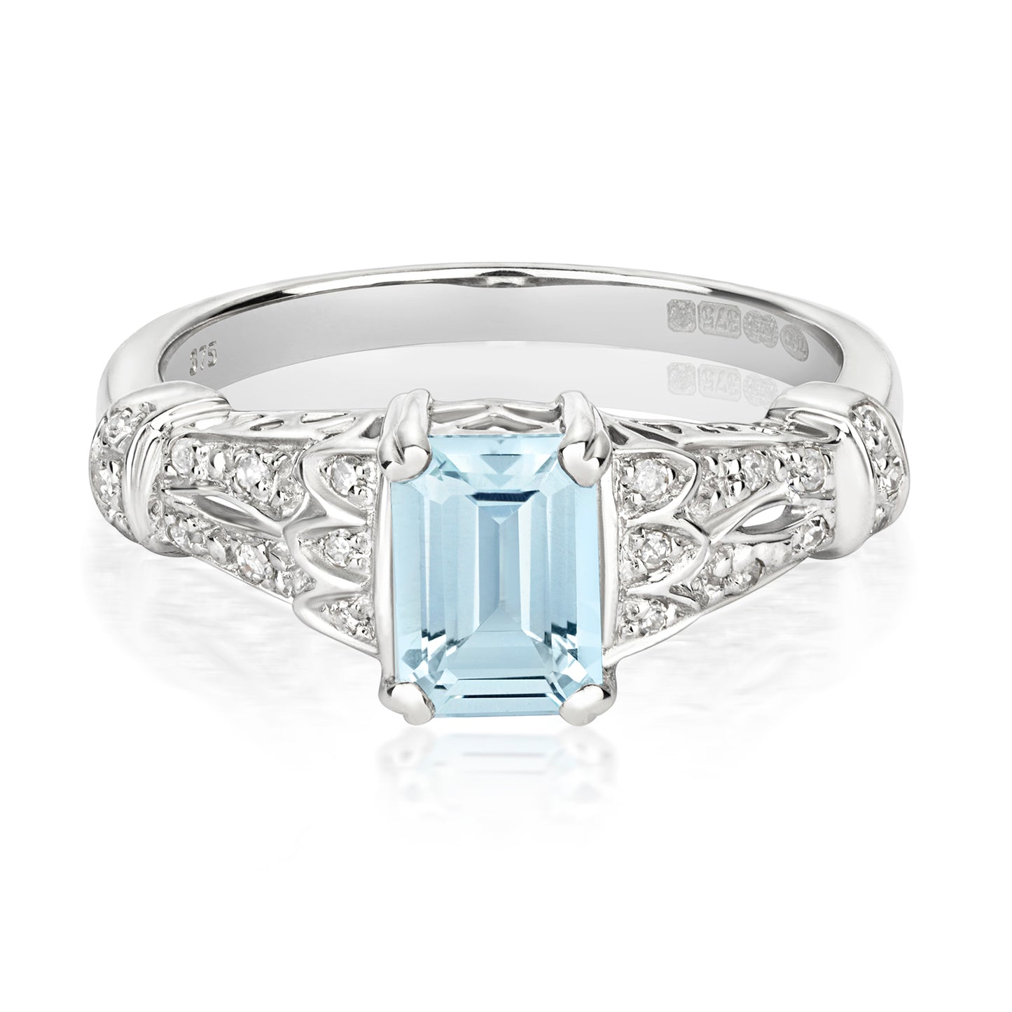 9ct White Gold Aquamarine and Diamond Cluster Ring, Ring Sizes J to Q (207)
