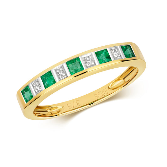 9ct Yellow Gold Emerald and Diamond Eternity Band Ring, Sizes J to Q (217)