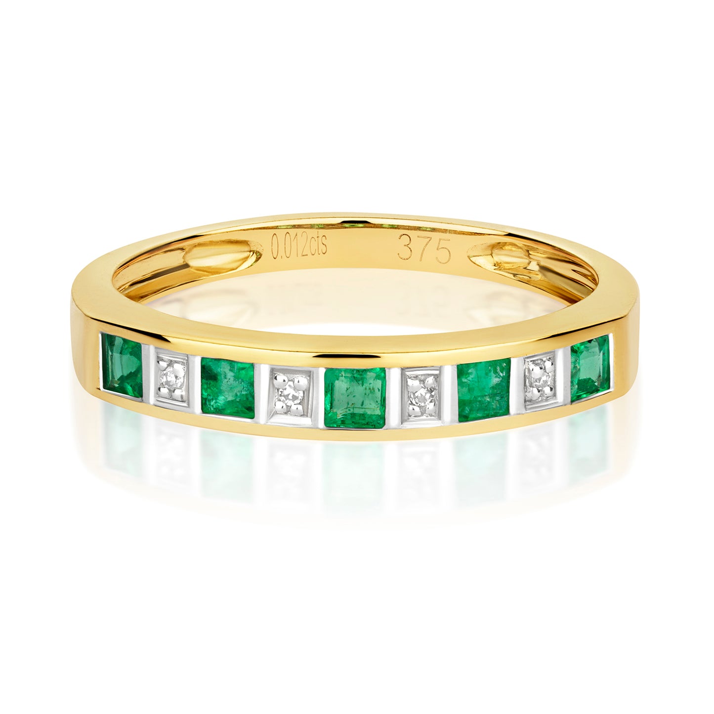 9ct Yellow Gold Emerald and Diamond Eternity Band Ring, Sizes J to Q (217)