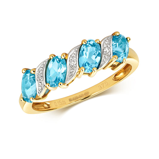 9ct Yellow Gold Blue Topaz and Diamond Band Ring, Sizes J to Q (221)