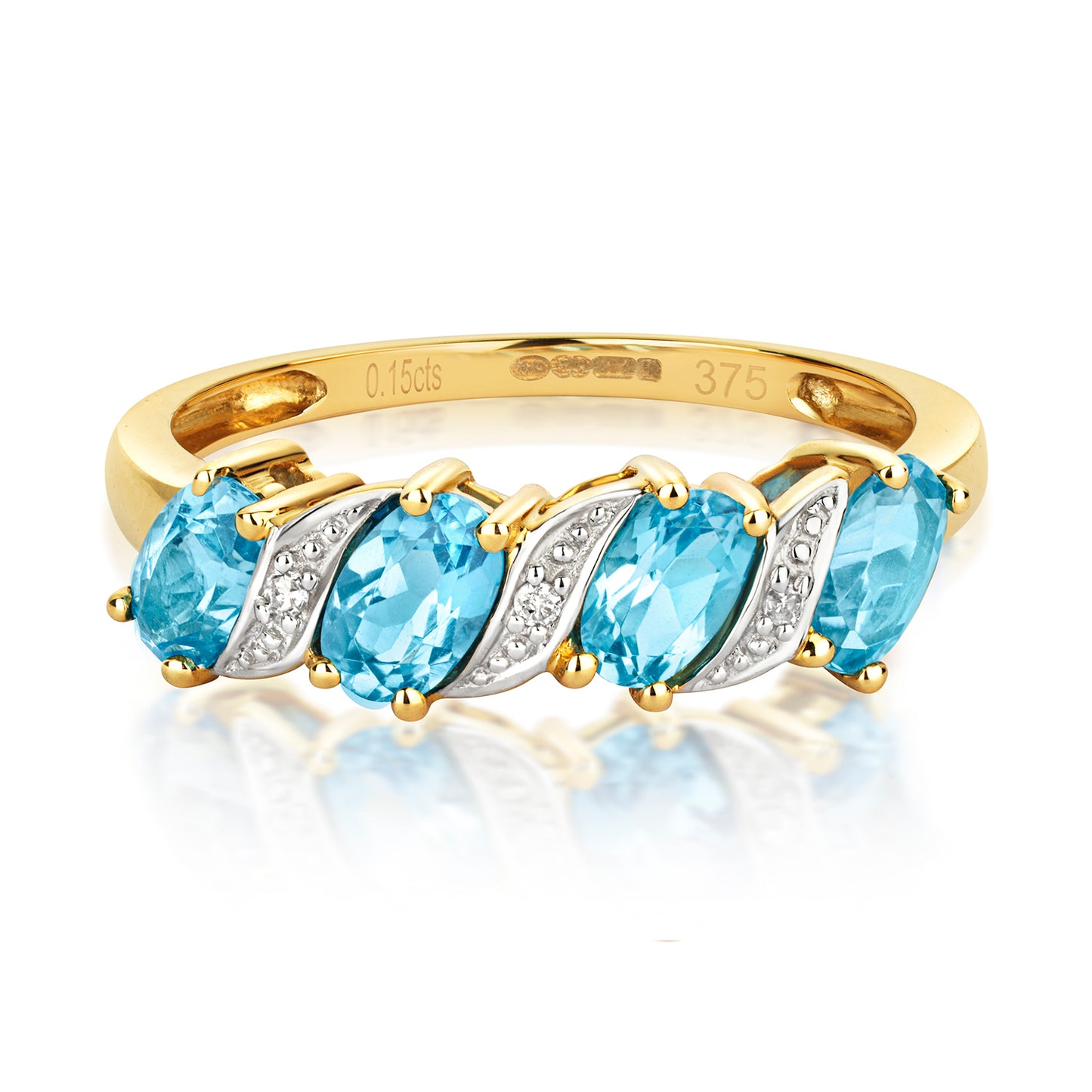 9ct Yellow Gold Blue Topaz and Diamond Band Ring, Sizes J to Q (221)
