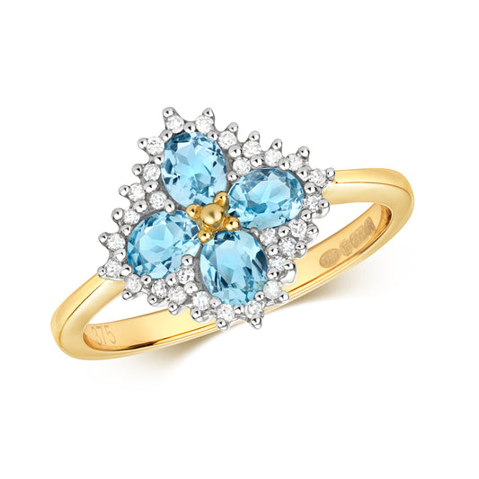 9ct Yellow Gold Blue Topaz and Diamond Cluster Ring, Sizes J to Q (222)