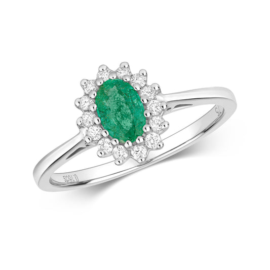 9ct White Gold Emerald and Diamond Cluster Ring, Sizes J to Q (260)