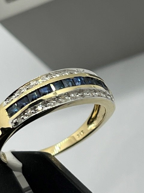 9ct Yellow Gold Sapphire and Diamond Band Style Ring, Sizes J to Q (267S)