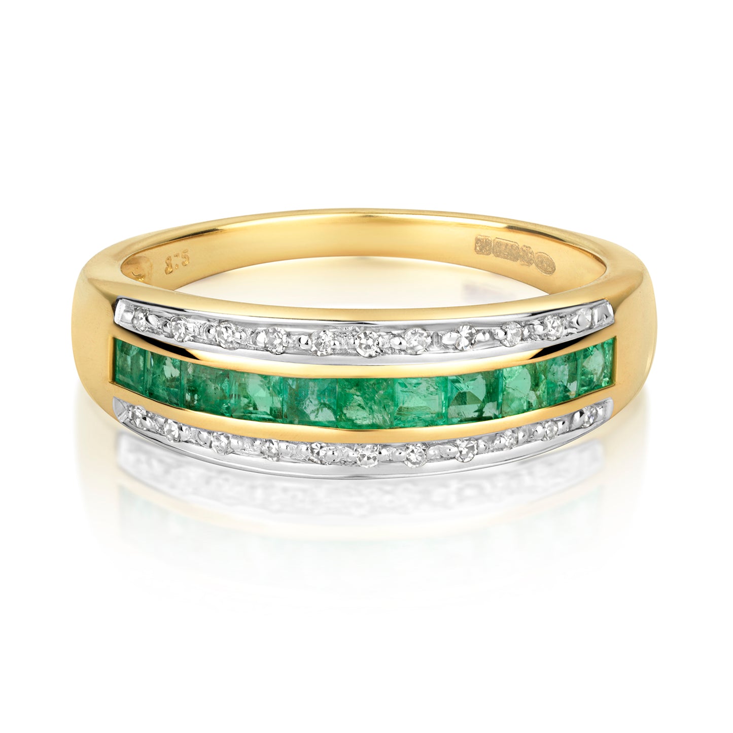 9ct Yellow Gold Emerald and Diamond Band Style Ring, Sizes J to Q (267)