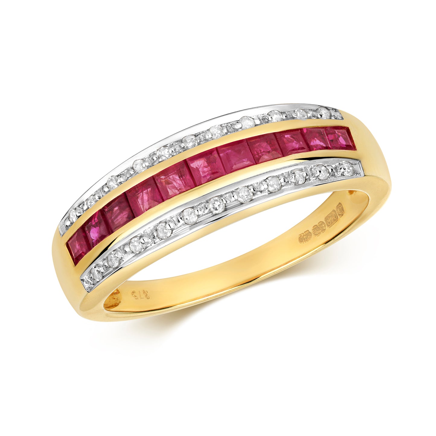 9ct Yellow Gold Rubies and Diamond Band Style Ring, Sizes J to Q (267)