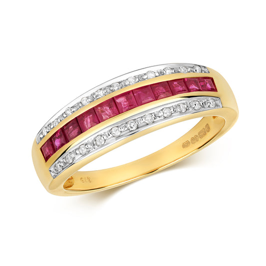 9ct Yellow Gold Rubies and Diamond Band Style Ring, Sizes J to Q (267)