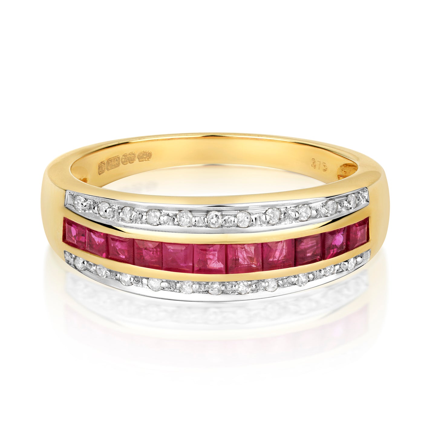 9ct Yellow Gold Rubies and Diamond Band Style Ring, Sizes J to Q (267)