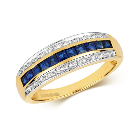 9ct Yellow Gold Sapphire and Diamond Band Style Ring, Sizes J to Q (267S)