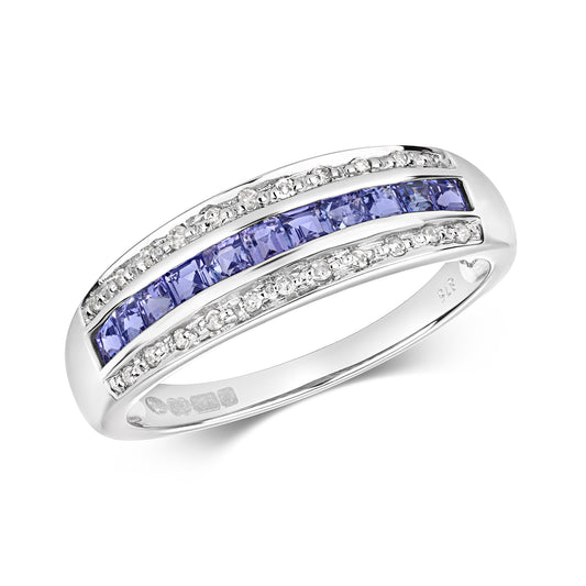 9ct White Gold Tanzanite and Diamond Band Style Ring, Sizes J to Q (267)