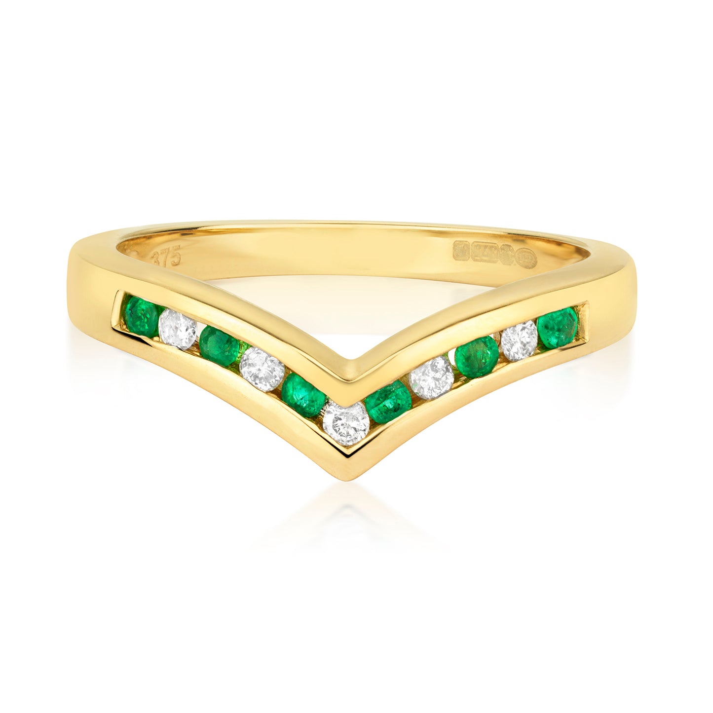 9ct Yellow Gold Emerald and Diamond Wishbone Ring, Ring Sizes J to Q (268)