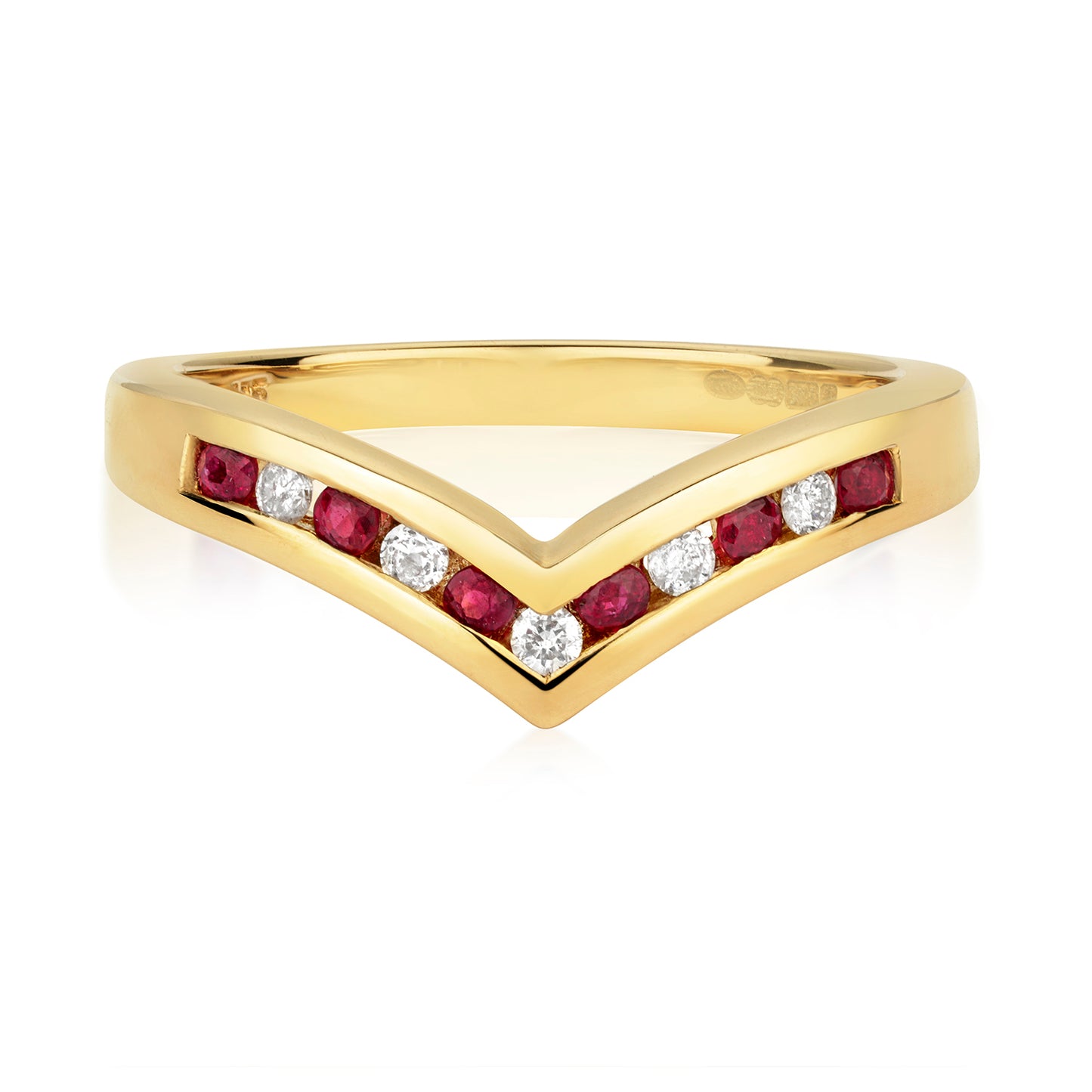 9ct Yellow Gold Ruby and Diamond Wishbone Ring, Ring Sizes J to Q (268)