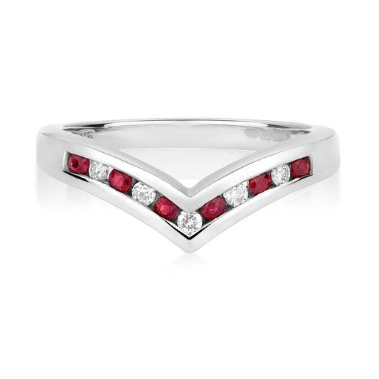 9ct White Gold Ruby and Diamond Wishbone Ring, Ring Sizes J to Q (268WR