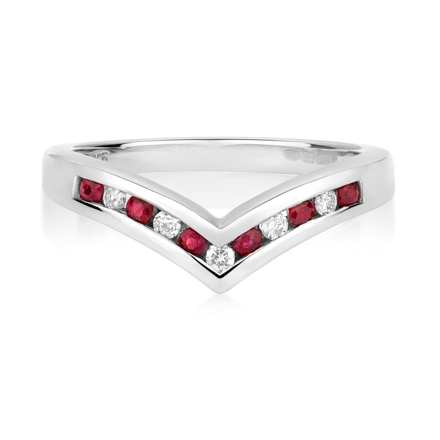 9ct White Gold Ruby and Diamond Wishbone Ring, Ring Sizes J to Q (268)
