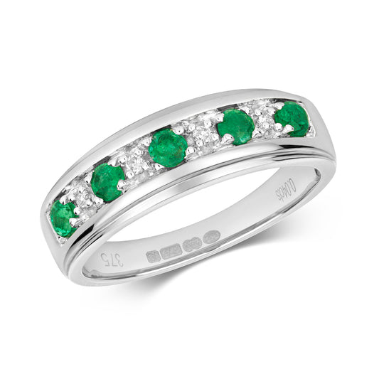 9ct White Gold Emerald and Diamond Eternity Band Ring, Sizes J to Q (275W)