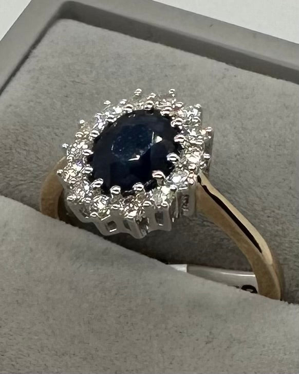9ct Yellow Gold 1.80Ct Sapphire and Diamond Cluster Ring, Sizes J to Q (280S)