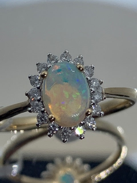 9ct Yellow Gold Natural Opal and Diamond Cluster Ring, Sizes J to Q (287O)