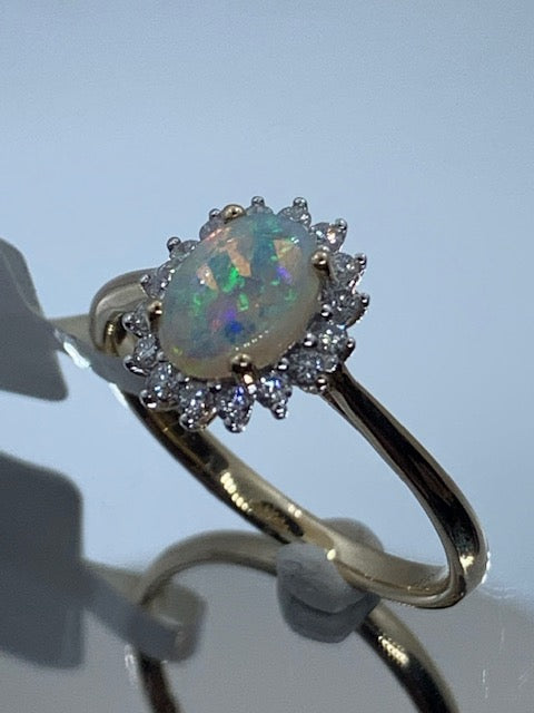 9ct Yellow Gold Natural Opal and Diamond Cluster Ring, Sizes J to Q (287O)