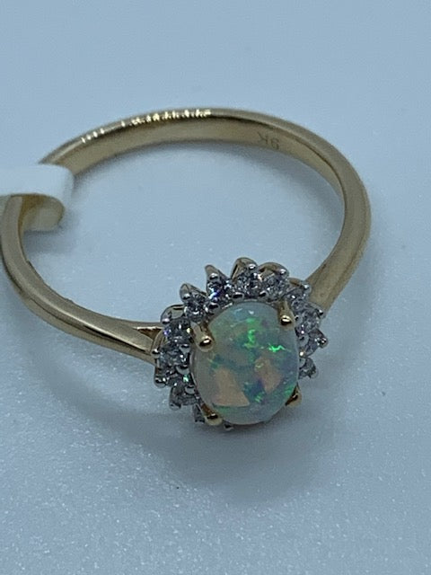 9ct Yellow Gold Natural Opal and Diamond Cluster Ring, Sizes J to Q (287O)