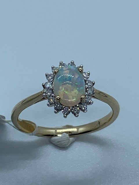 9ct Yellow Gold Natural Opal and Diamond Cluster Ring, Sizes J to Q (287O)