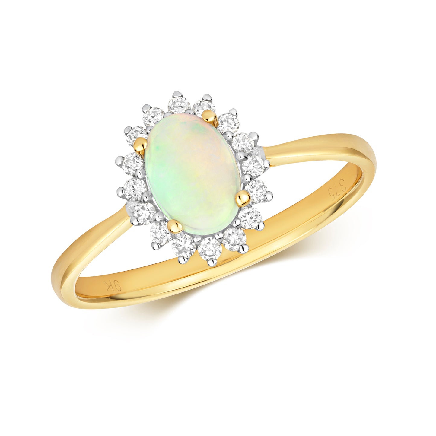 9ct Yellow Gold Natural Opal and Diamond Cluster Ring, Sizes J to Q (287O)