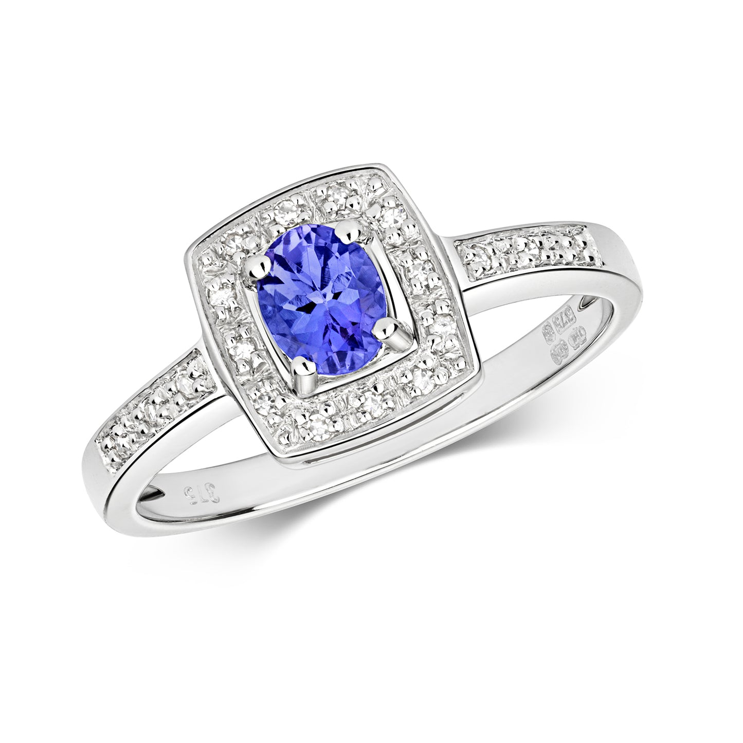 9ct White Gold Tanzanite and Diamond Cluster Style Ring, Sizes J to Q (295)