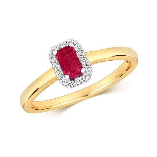 9ct Yellow Gold Ruby and Diamond Cluster Ring, Sizes J to Q (409R)