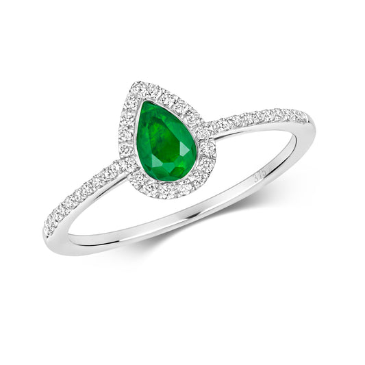 9ct White Gold Emerald and Diamond Pearshaped Cluster Ring, Sizes J to Q (422WE)