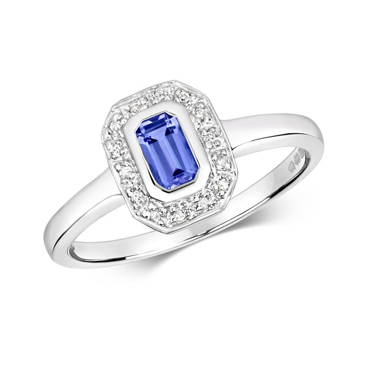 9ct White Gold Emerald Cut Tanzanite and Diamond Cluster Ring, Sizes J to Q (434)