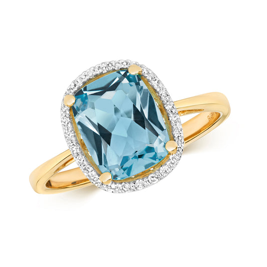 9ct Yellow Gold Blue Topaz and Diamond Cluster Ring, Sizes J to Q (445)