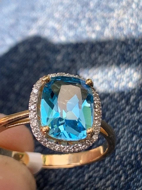 9ct Yellow Gold Blue Topaz and Diamond Cluster Ring, Sizes J to Q (445)