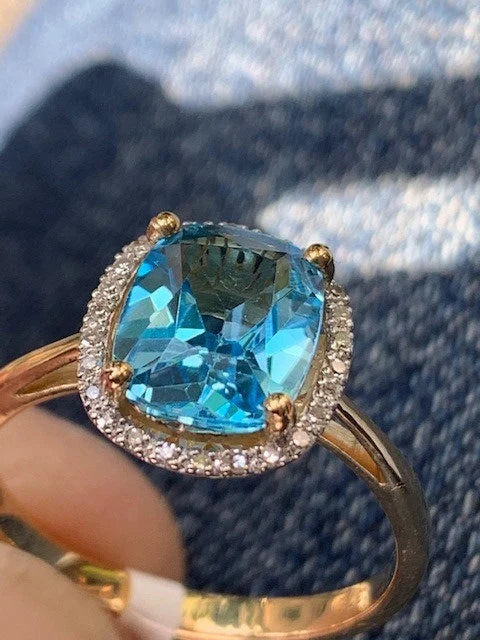 9ct Yellow Gold Blue Topaz and Diamond Cluster Ring, Sizes J to Q (445)