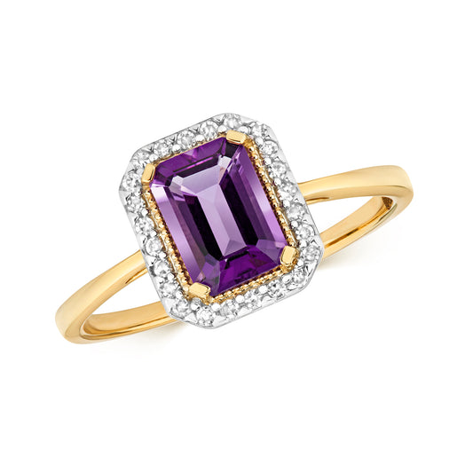 9ct Yellow Gold Amethyst and Diamond Cluster Ring, Sizes J to Q (446)