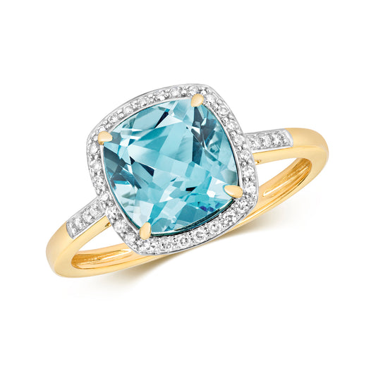 9ct Yellow Gold Blue Topaz and Diamond Ring, Sizes J to Q (447)