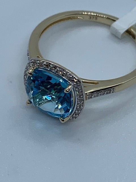 9ct Yellow Gold Blue Topaz and Diamond Ring, Sizes J to Q (447)