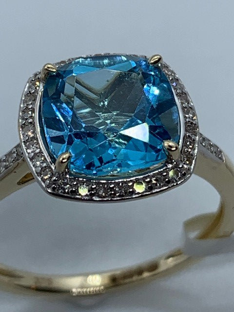 9ct Yellow Gold Blue Topaz and Diamond Ring, Sizes J to Q (447)